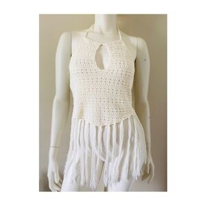 Lush Crochet Halter Fringe Trim Off White Top Sz Small